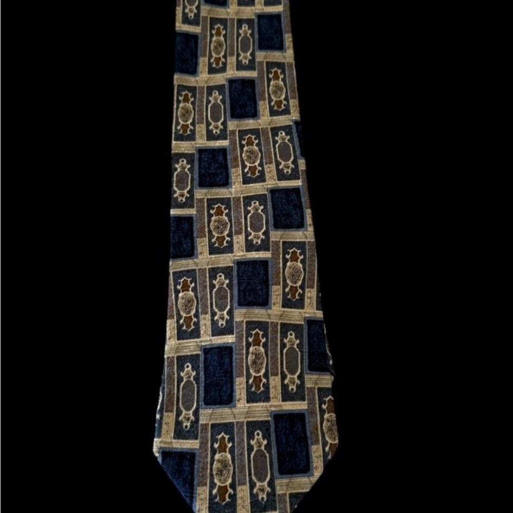 Ermenegildo Zegna 100% Silk Tie — Dark Navy Blue & Gold Abstract Pattern